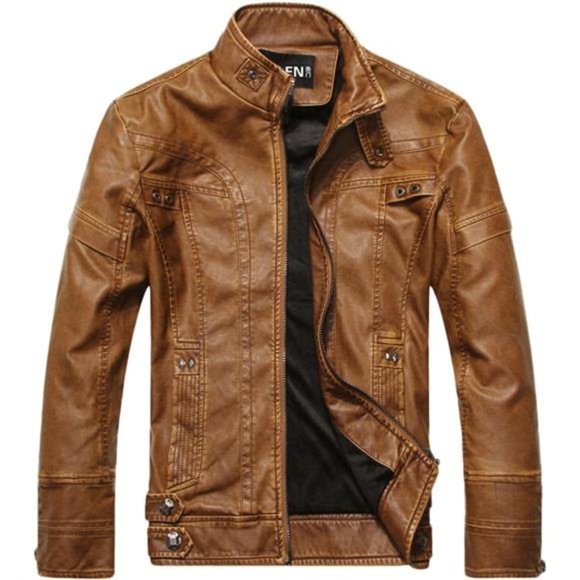Men's Vintage Stand Collar Pu Leather Jacket Dzqm769-brown